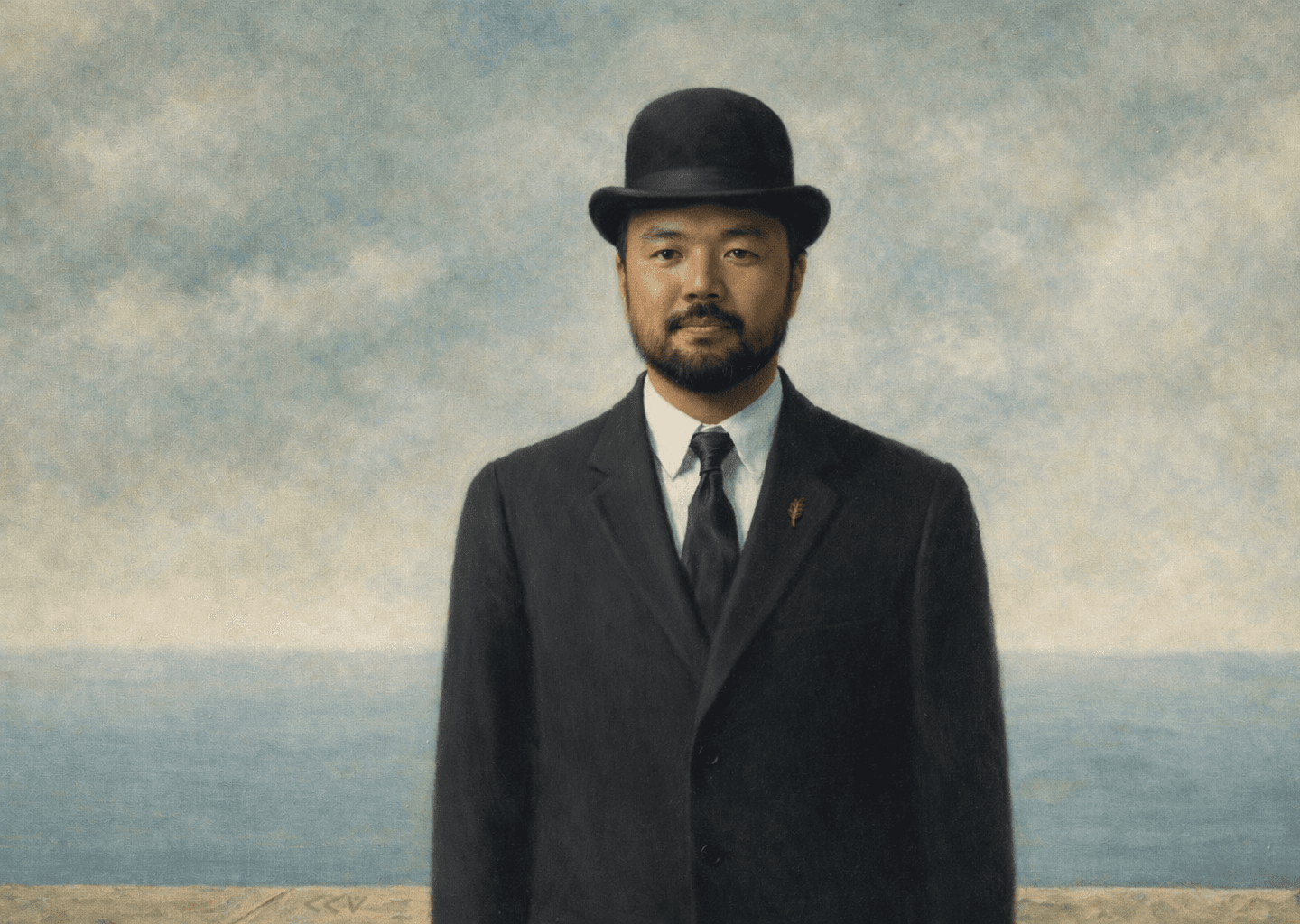 Tiago Yonamine representado com um sushi em frente ao rosto, em referência à obra O Filho do Homem de René Magritte